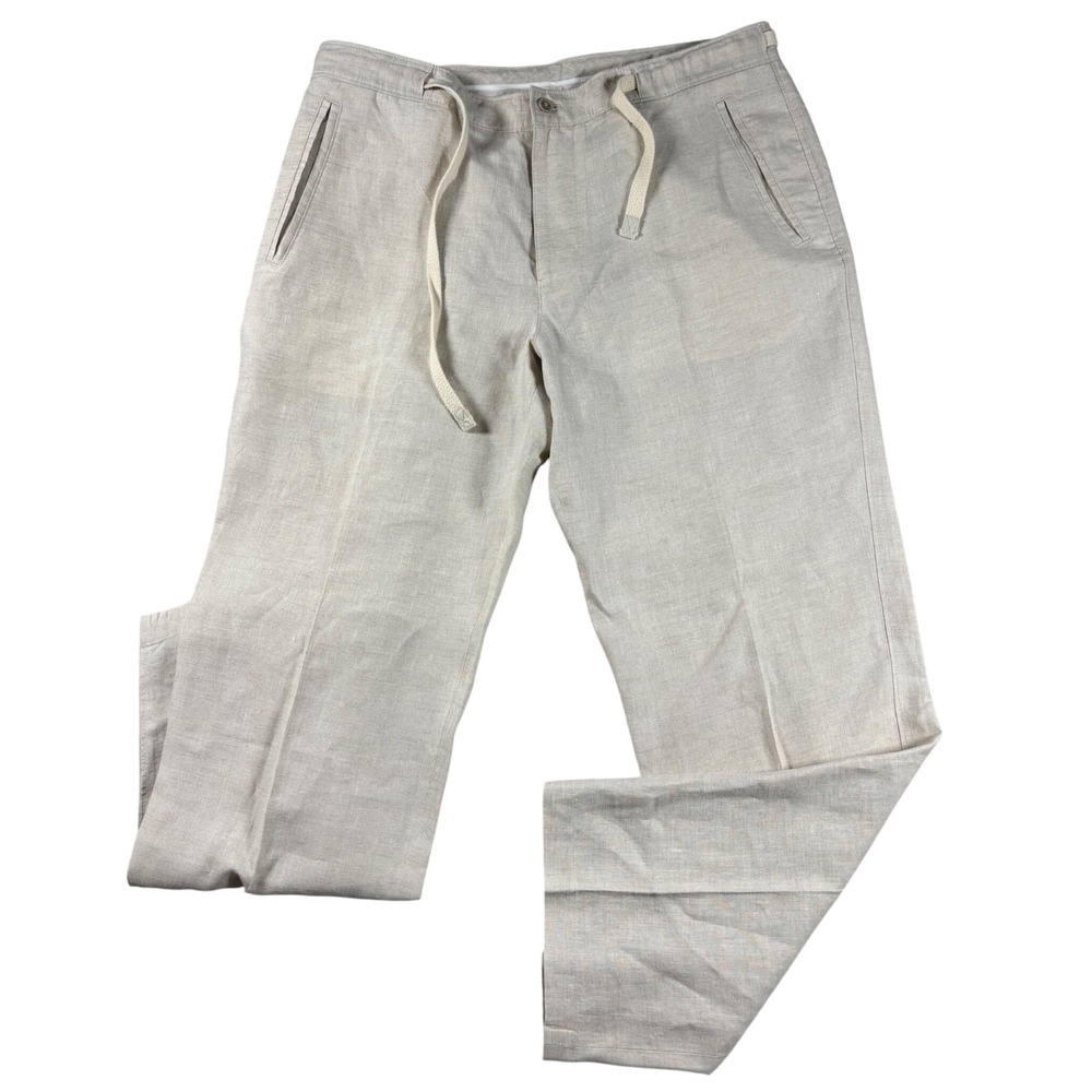 Tasso Elba Mens 100% Linen Drawstring Pants Beige Oatmeal 34x30 Straight Leg